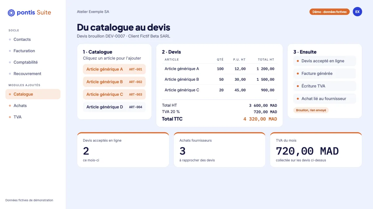 Capture de démonstration de Pontis Suite : du catalogue au devis, pour un atelier fictif